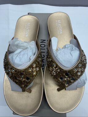 Reaction Kenneth Cole Gold Jeweled Toe-Post Slide Sandals